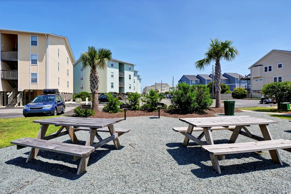 An outdoor picnic area featuring picnic tables nestled among lush palm trees and landscaped greenery. The scene exudes a casual, relaxed mood, inviting residents to gather for meals or social events in the fresh coastal air.